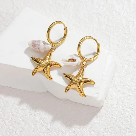 Pendientes estrella de mar de acero con piedras azules- EA681
