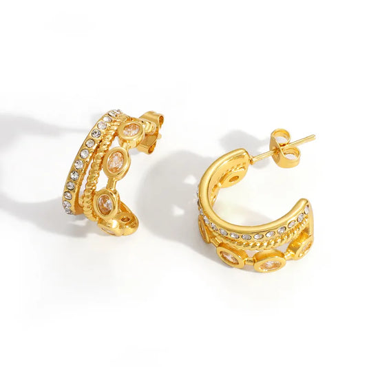 Cercei cu trei cerc din oțel placat cu aur cu zircon-EA296