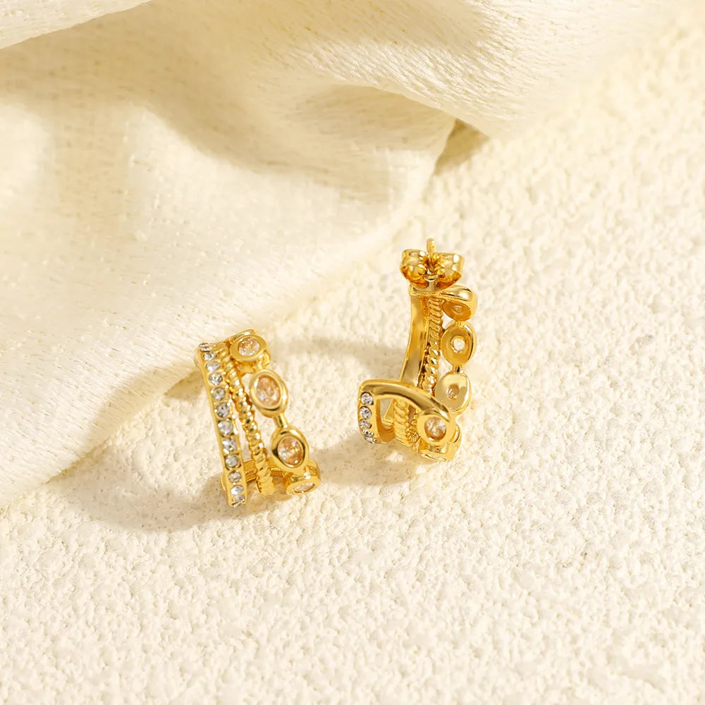 Cercei cu trei cerc din oțel placat cu aur cu zircon-EA296