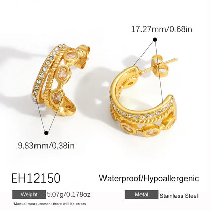 Cercei cu trei cerc din oțel placat cu aur cu zircon-EA296