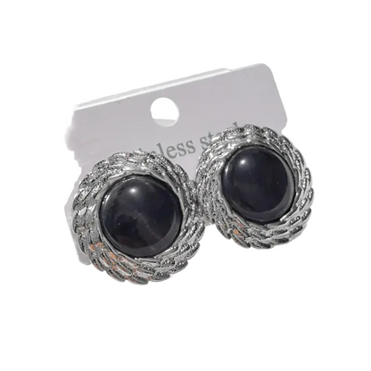 Σκουλαρίκια ατσάλι με μαύρη πέτρα-EA451