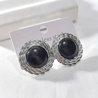 Σκουλαρίκια ατσάλι με μαύρη πέτρα-EA451