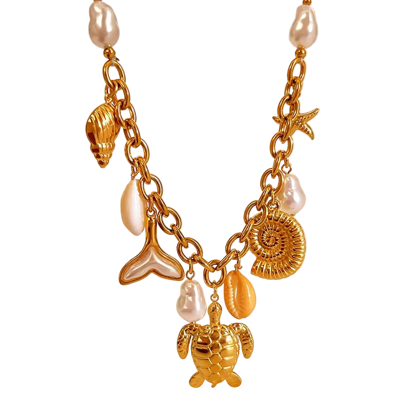Κολιέ επιχρυσωμένο ατσάλι με χελώνα και περλέ charms- NE708