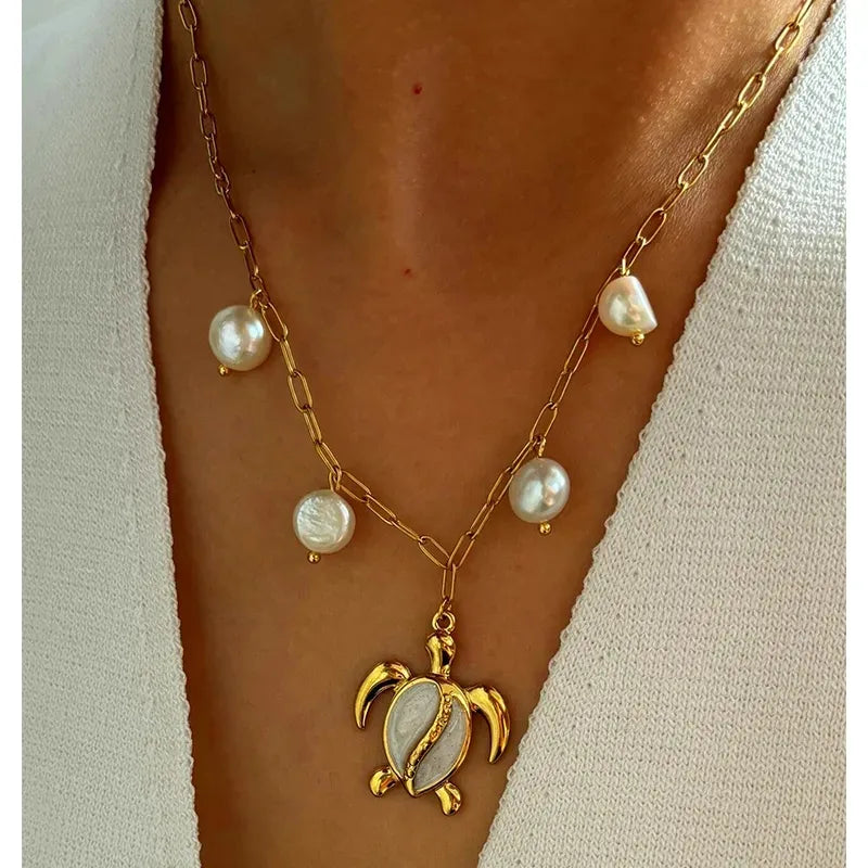 Colier din oțel placat cu aur cu broască țestoasă - NE686