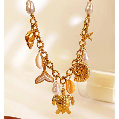 Κολιέ επιχρυσωμένο ατσάλι με χελώνα και περλέ charms- NE708