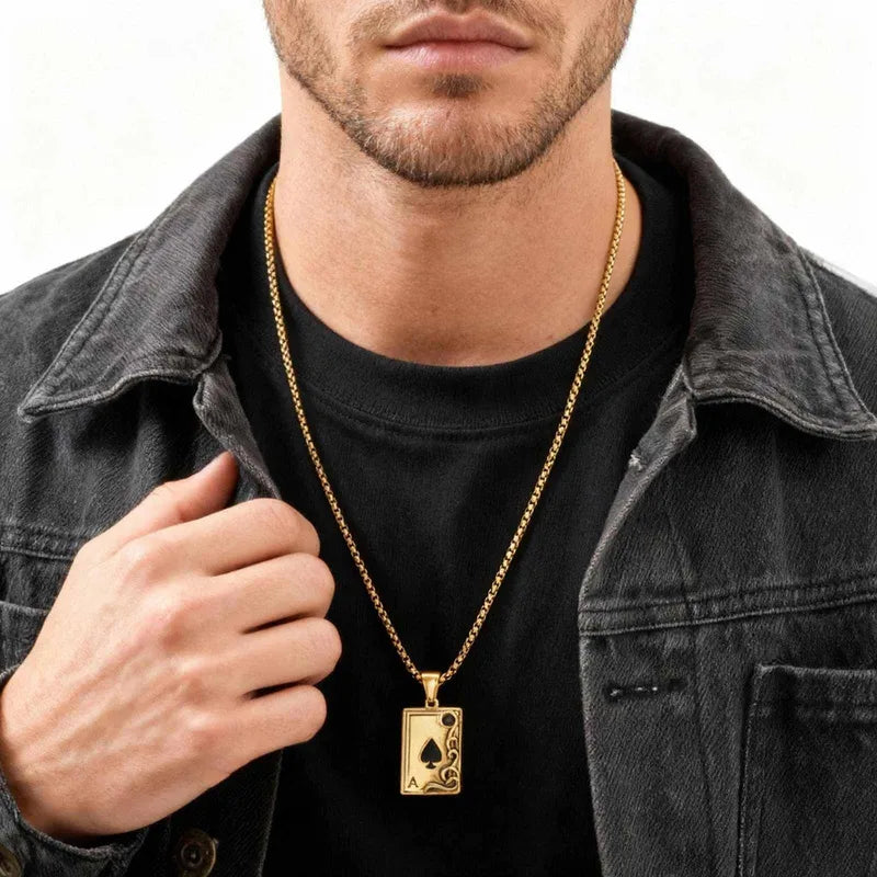 Κολιέ ατσάλι χρυσή τράπουλα-NE501