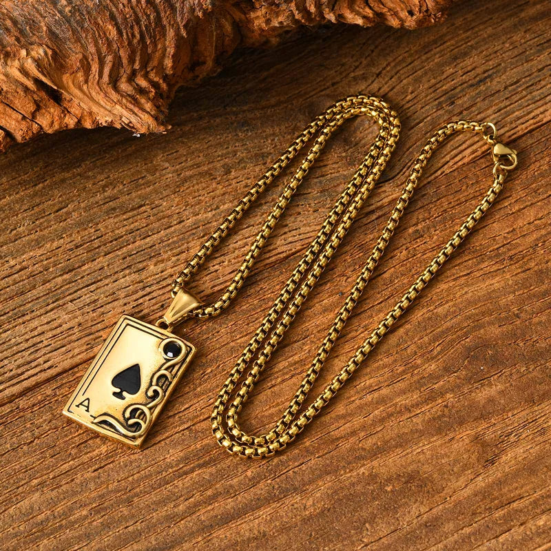 Κολιέ ατσάλι χρυσή τράπουλα-NE501