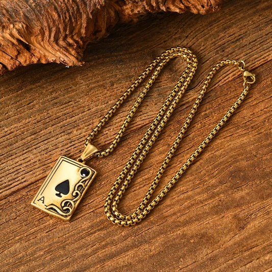 Κολιέ ατσάλι χρυσή τράπουλα-NE501