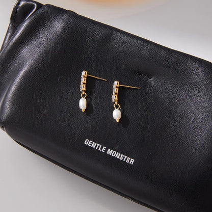 Σκουλαρίκια επιχρυσωμένο ατσάλι με 3 zircon και πέρλα-EA357