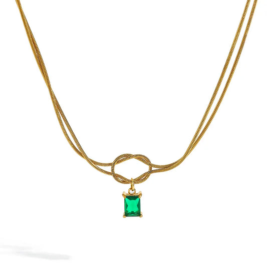 Colier din oțel placat cu aur cu zircon verde-NE440