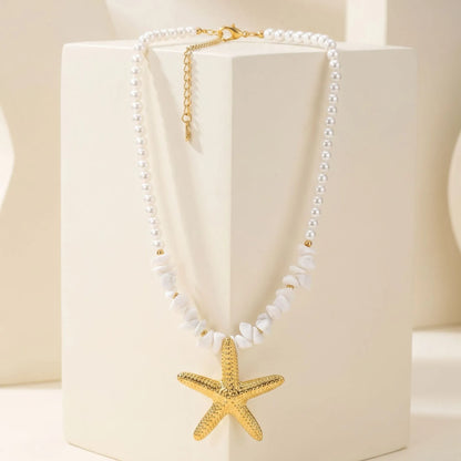 Necklace with blue beads and steel starfish - NE449