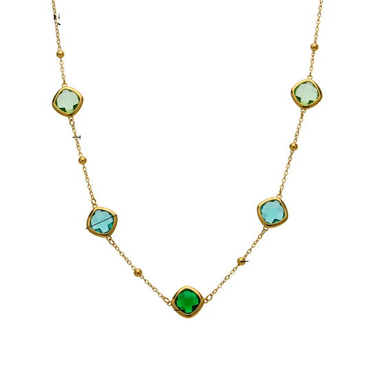 Κολιέ επιχρυσωμένο ατσάλι με γυαλί πράσινο γαλάζιο-NE544