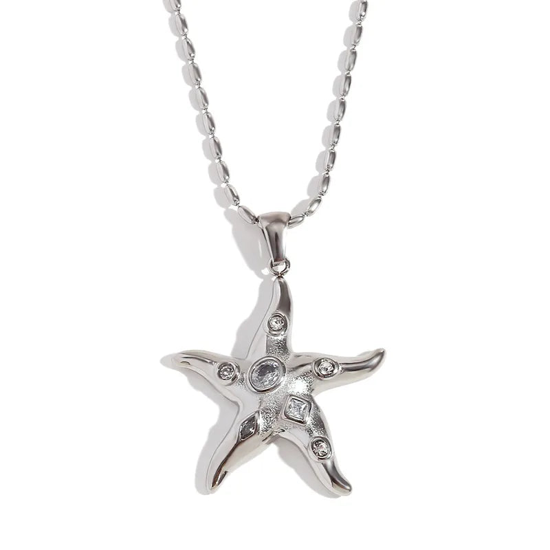 Κολιέ  ατσάλι με αστερία και zircon- NE553