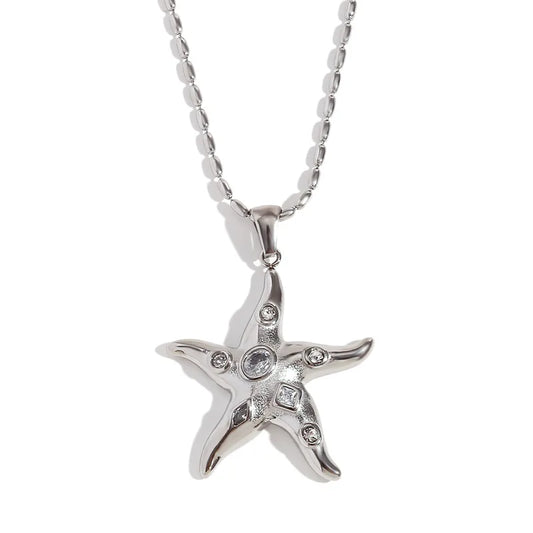 Κολιέ  ατσάλι με αστερία και zircon- NE553