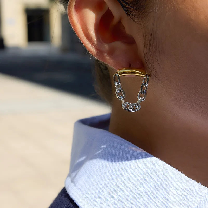 Σκουλαρίκια επιχρυσωμένο ατσάλι με ασημί αλυσίδα-EA508