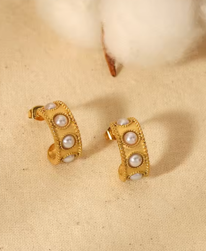 Σκουλαρίκια χρυσό ατσάλι ημικυκλικός κρίκος με πέρλες-EA612