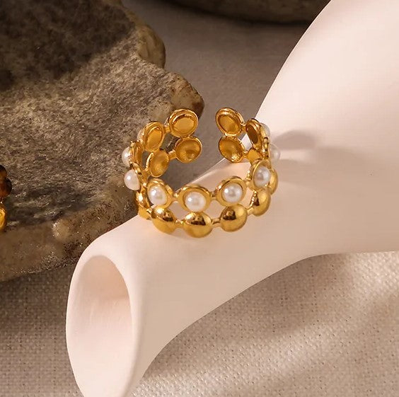 Inel din otel placat cu aur cu perle-R076