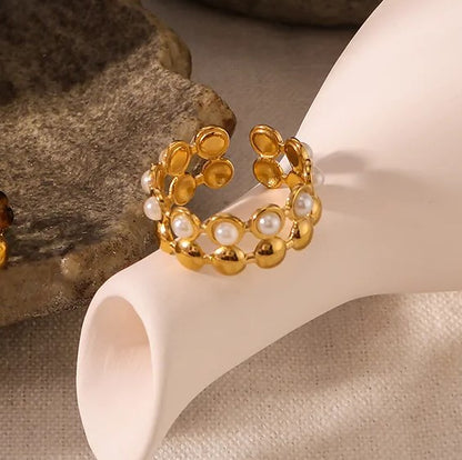 Inel din otel placat cu aur cu perle-R076