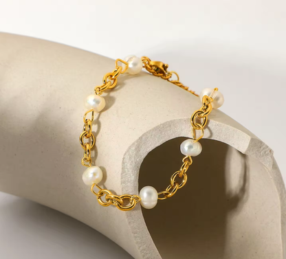 Bracciale a catena in acciaio dorato con perle-BR185