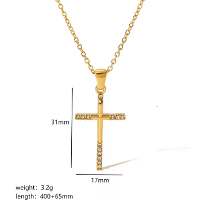 Κολιέ σταυρός με zircon ατσάλι χρυσό-NE046