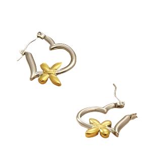 Earrings of steel silver heart with gold butterfly-ea007