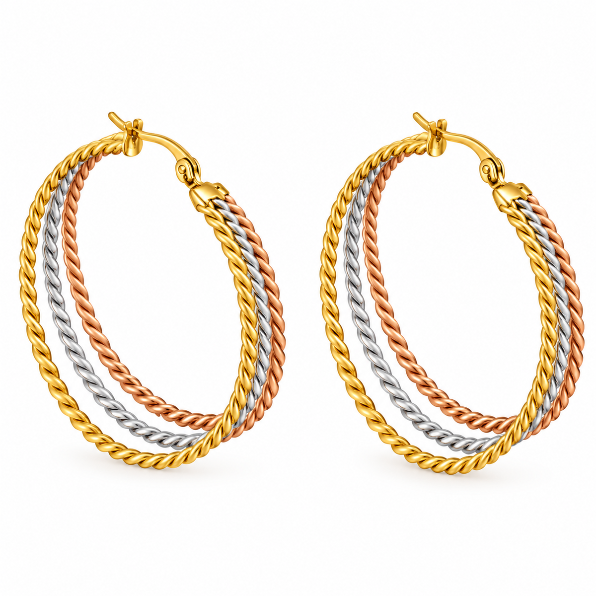 Boucles d'oreilles triple créoles en acier rose, argenté et doré - EA747