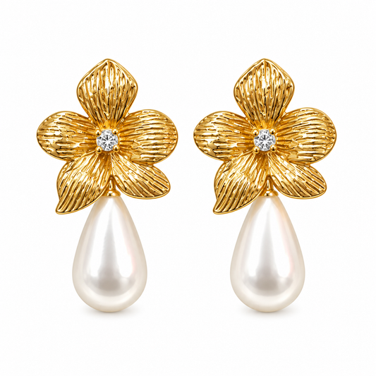 Stahlohrringe mit Blume und Perle - EA808