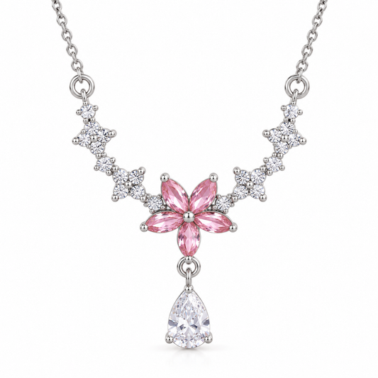 Stahl-Silberhalskette mit rosa Zirkonblüten – NE398