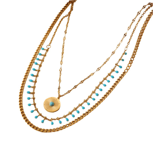 Necklace Golded Three-Level Steel with Blue-NE024