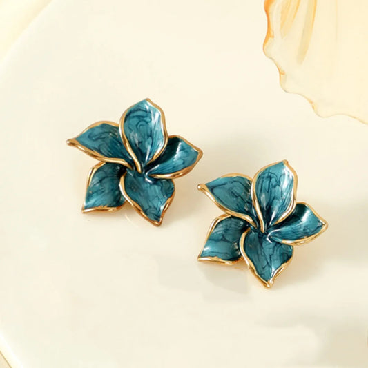 Σκουλαρίκια επιχρυσωμένο ατσάλι λουλούδια πετρόλ-EA581