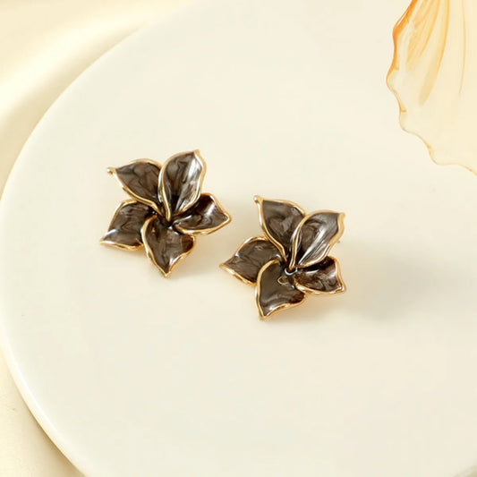 Σκουλαρίκια επιχρυσωμένο ατσάλι λουλούδια καφέ-EA631