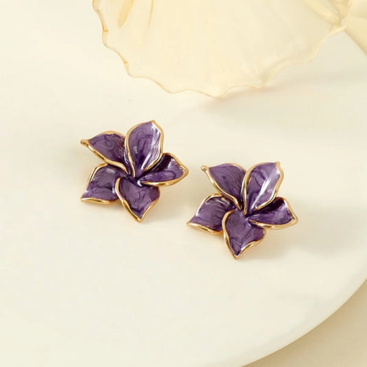 Cercei din oțel placat cu aur, flori mov-EA820