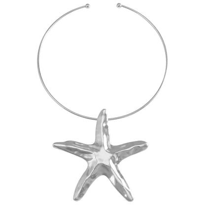 Silver brass starfish choker necklace- w009