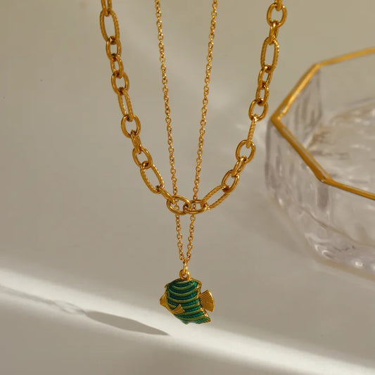 Κολιέ επιχρυσωμένο ατσάλι με πράσινο ψαράκι -NE784