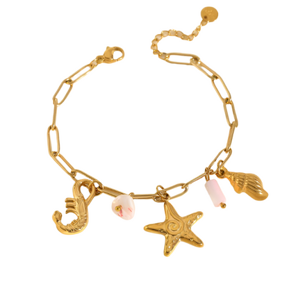 Bratara din otel placat cu aur cu stea de mare si scoici -