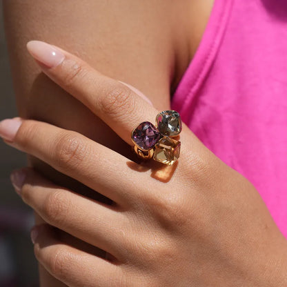 Steel gold ring with crystals - R238