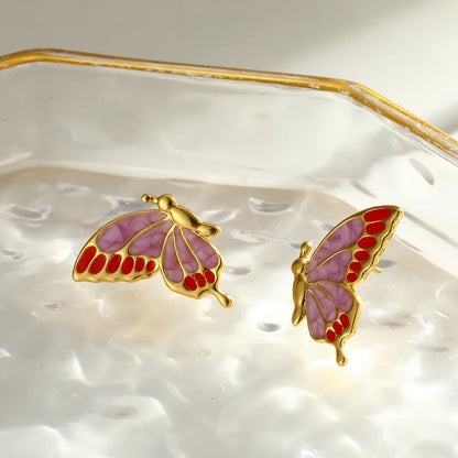 Σκουλαρίκια επιχρυσωμένο ατσάλι πεταλούδες με ροζ σμάλτο - EA058
