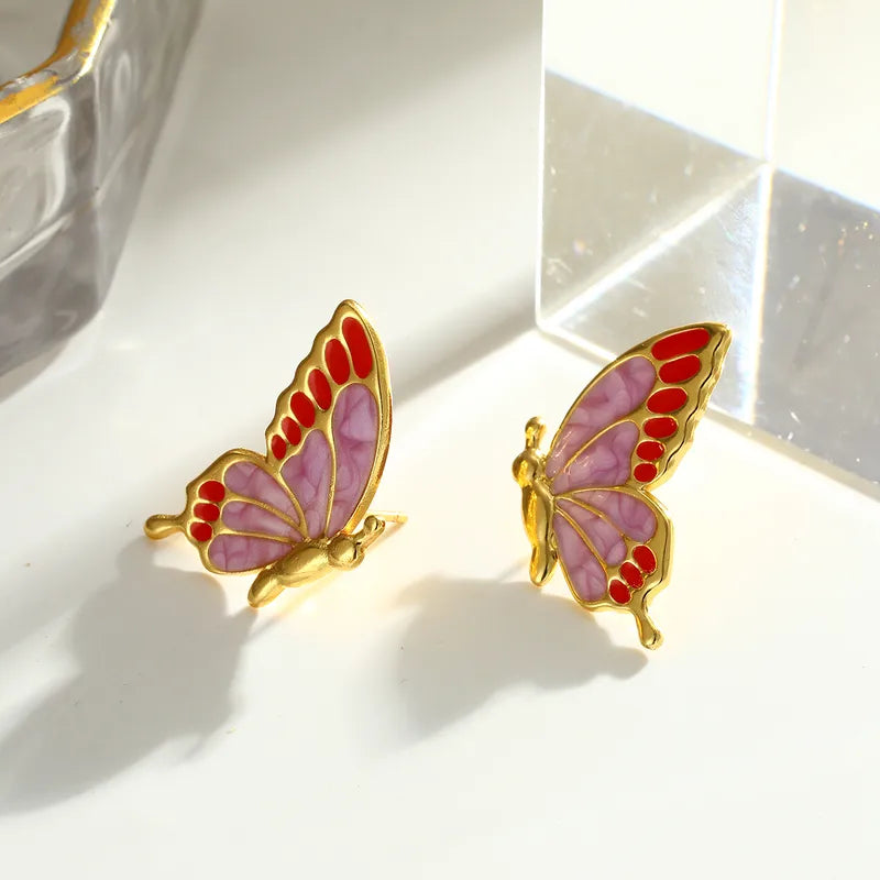 Σκουλαρίκια επιχρυσωμένο ατσάλι πεταλούδες με ροζ σμάλτο - EA058