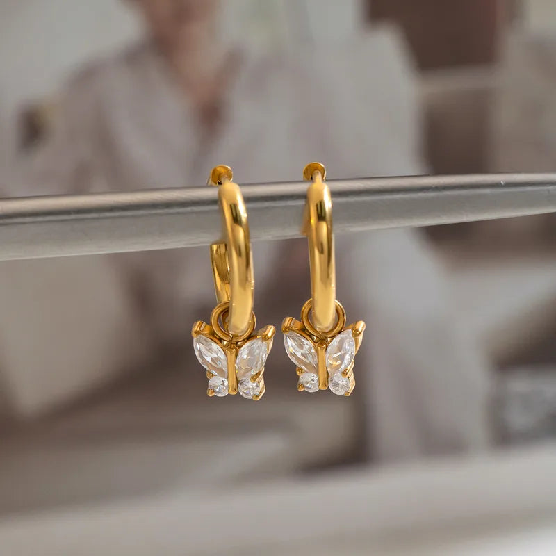 Steel Gold Hoop Earrings with Detachable Butterfly - EA647