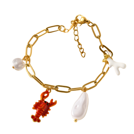 Bratara din otel placat cu aur cu homar si perle-