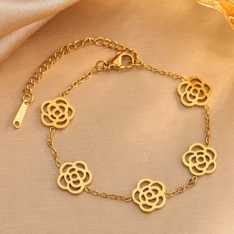 Bratara din otel placat cu aur cu flori-BR236