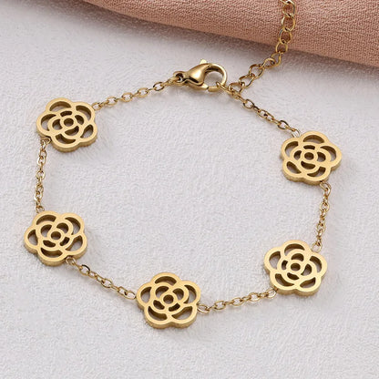 Bratara din otel placat cu aur cu flori-BR236