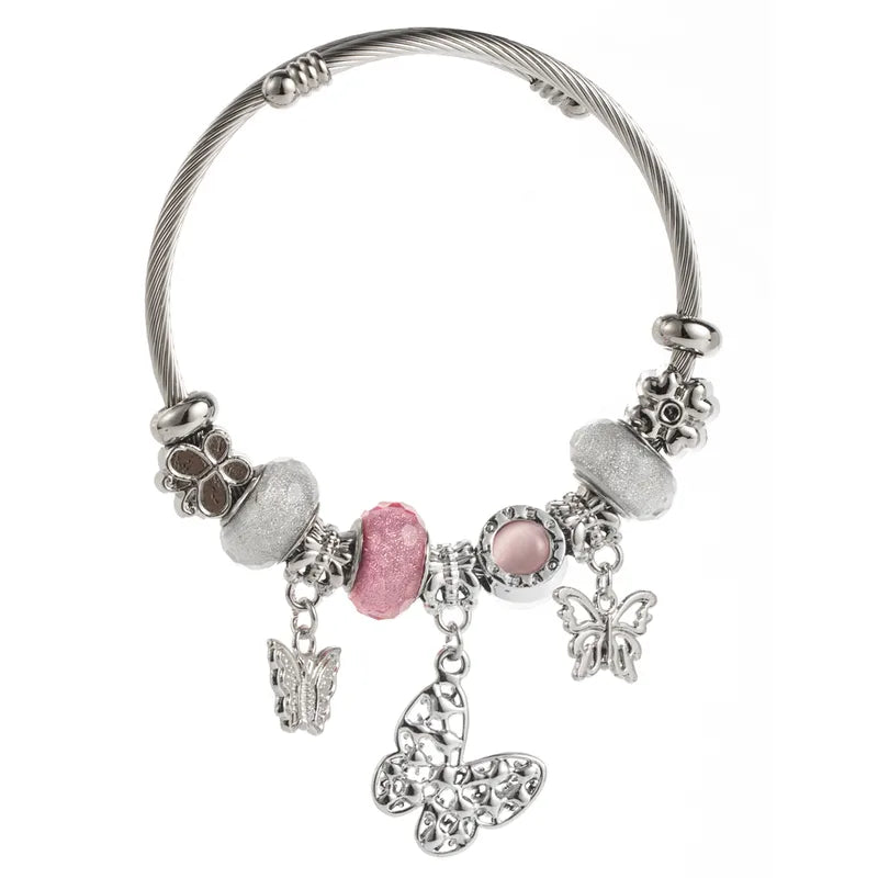 Βραχιόλι ατσάλινο bangle με πεταλούδα ροζ -BR213