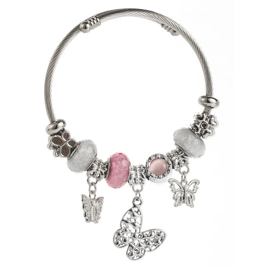 Βραχιόλι ατσάλινο bangle με πεταλούδα ροζ -BR213