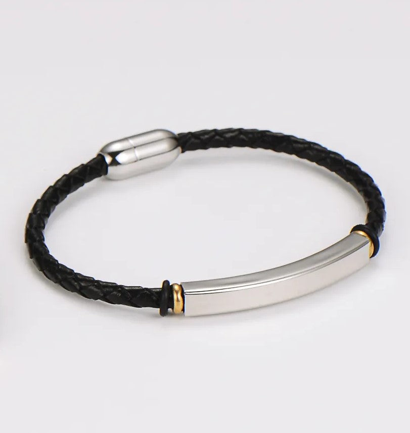 Pulseira masculina com aço inoxidável e corda preta-BR220