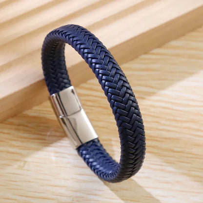 Bracelet male leather blue with steel closure - BR063