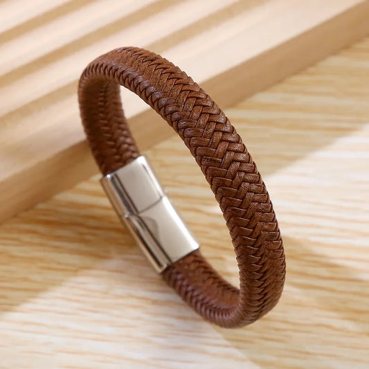 Bracelet male leather coffee with steel closure - BR219