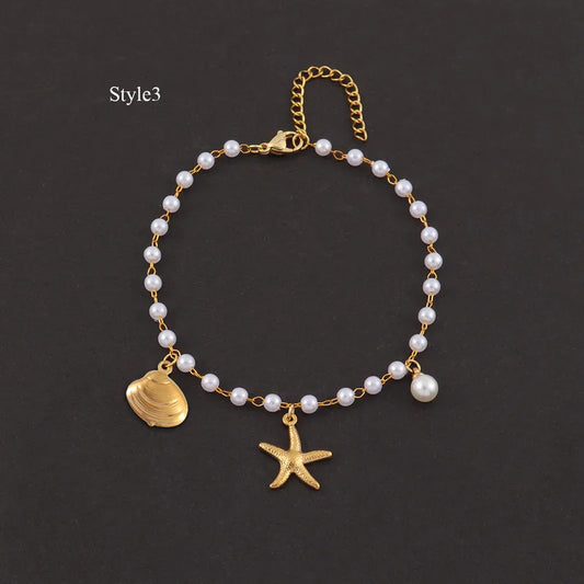 Βραχιόλι ποδιού με πέρλες, αστερία και κοχύλι- AN003