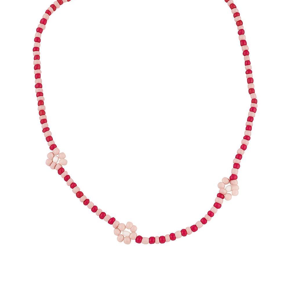 Fuchsia necklace with daisies - w312