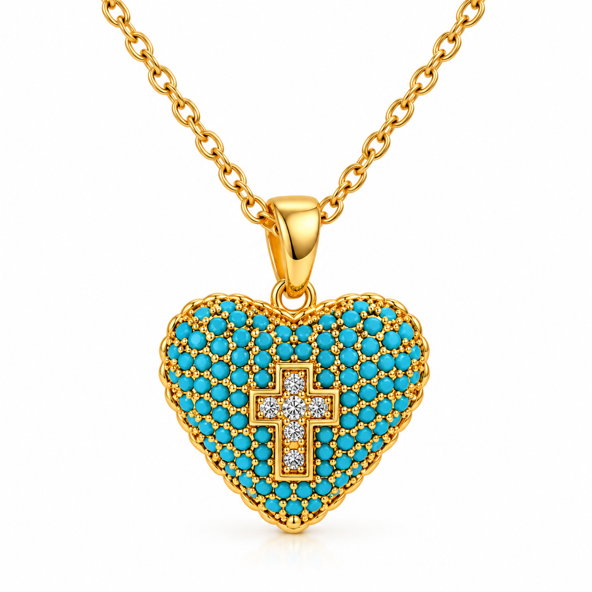 Gold necklace with blue beads and heart cross - NE386
